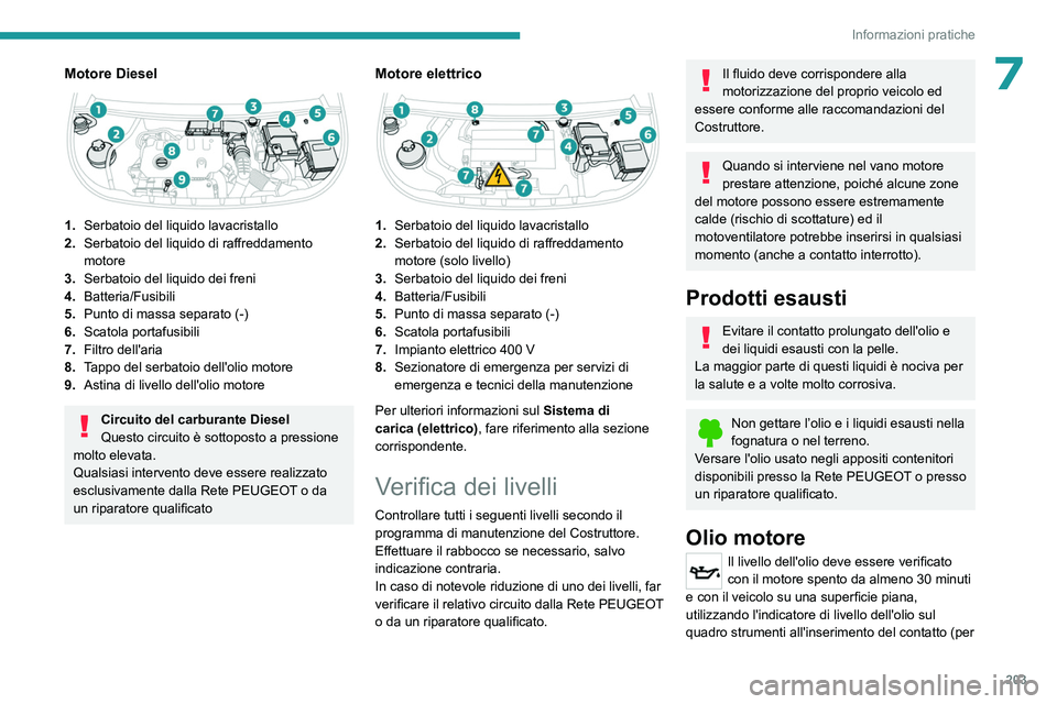 PEUGEOT PARTNER 2022 Manuale duso (in Italian) 203
Informazioni pratiche
7Motore Diesel
1.Serbatoio del liquido lavacristallo
2. Serbatoio del liquido di raffreddamento
motore
3. Serbatoio del liquido dei freni
4. Batteria/Fusibili
5. Punto di PEUGEOT PARTNER 2022 Manuale duso (in Italian) 203
Informazioni pratiche
7Motore Diesel
1.Serbatoio del liquido lavacristallo
2. Serbatoio del liquido di raffreddamento
motore
3. Serbatoio del liquido dei freni
4. Batteria/Fusibili
5. Punto di