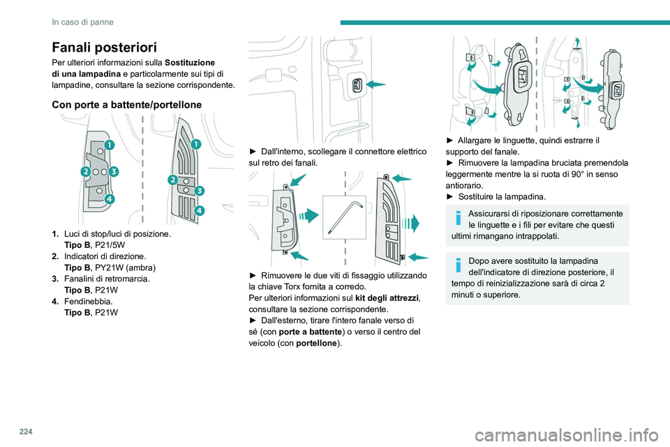 PEUGEOT PARTNER 2022 Manuale duso (in Italian) 224
In caso di panne
Fanali posteriori
Per ulteriori informazioni sulla Sostituzione
di una lampadina e particolarmente sui tipi di
lampadine, consultare la sezione corrispondente.
Con porte a batt PEUGEOT PARTNER 2022 Manuale duso (in Italian) 224
In caso di panne
Fanali posteriori
Per ulteriori informazioni sulla Sostituzione
di una lampadina e particolarmente sui tipi di
lampadine, consultare la sezione corrispondente.
Con porte a batt