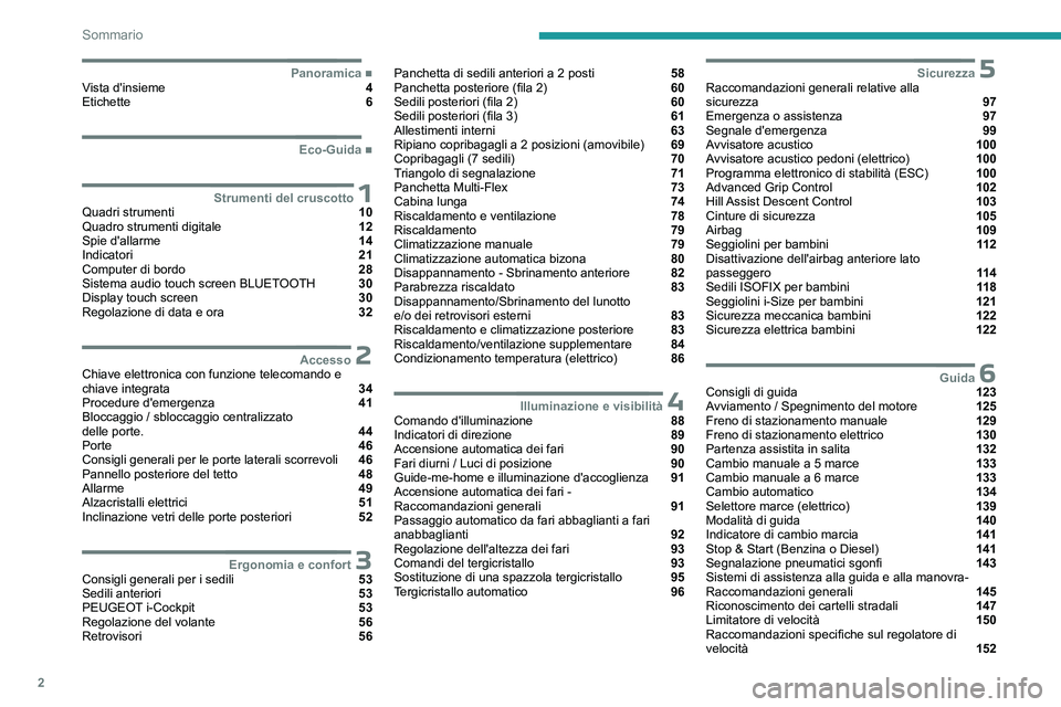 PEUGEOT PARTNER 2022  Manuale duso (in Italian) 2
Sommario
  ■
PanoramicaVista d'insieme  4
Etichette  6
  ■
Eco-Guida
 1Strumenti del cruscottoQuadri strumenti  10
Quadro strumenti digitale  12
Spie d'allarme  14
Indicatori  21
C