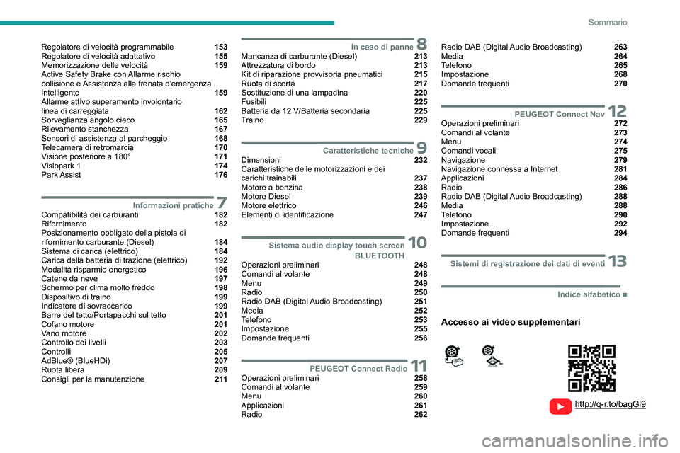 PEUGEOT PARTNER 2022  Manuale duso (in Italian) 3
Sommario
  
  
 
 
 
 
Regolatore di velocità programmabile  153
Regolatore di velocità adattativo  155
Memorizzazione delle velocità  159
Active Safety Brake con Allarme rischio  
collisione e A