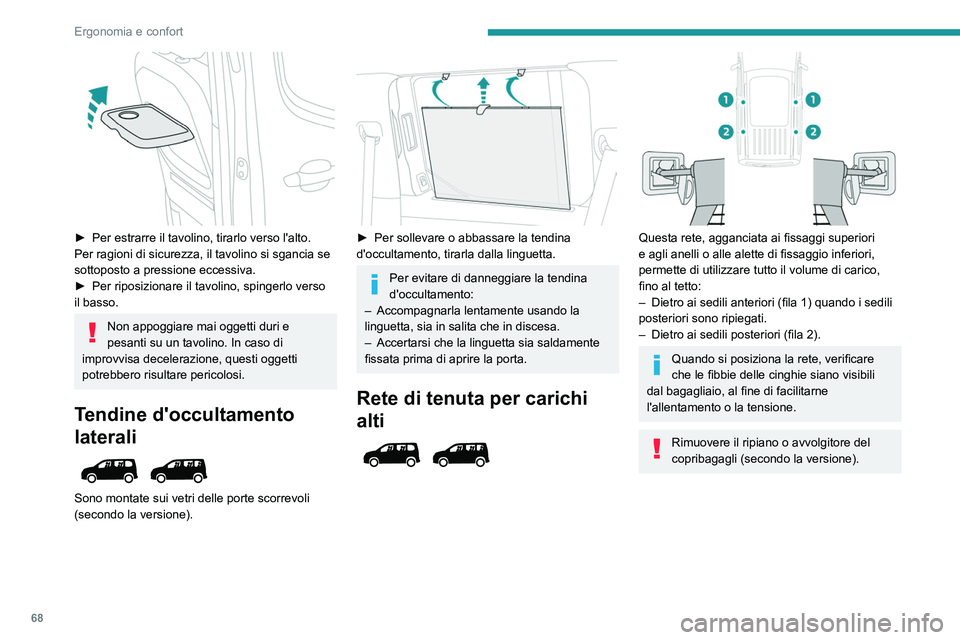 PEUGEOT PARTNER 2022 Manuale duso (in Italian) 68
Ergonomia e confort
► Per estrarre il tavolino, tirarlo verso l'alto.
Per ragioni di sicurezza, il tavolino si sgancia se
sottoposto a pressione eccessiva.
►
Per riposizionare il tavol PEUGEOT PARTNER 2022 Manuale duso (in Italian) 68
Ergonomia e confort
► Per estrarre il tavolino, tirarlo verso l'alto.
Per ragioni di sicurezza, il tavolino si sgancia se
sottoposto a pressione eccessiva.
►
Per riposizionare il tavol