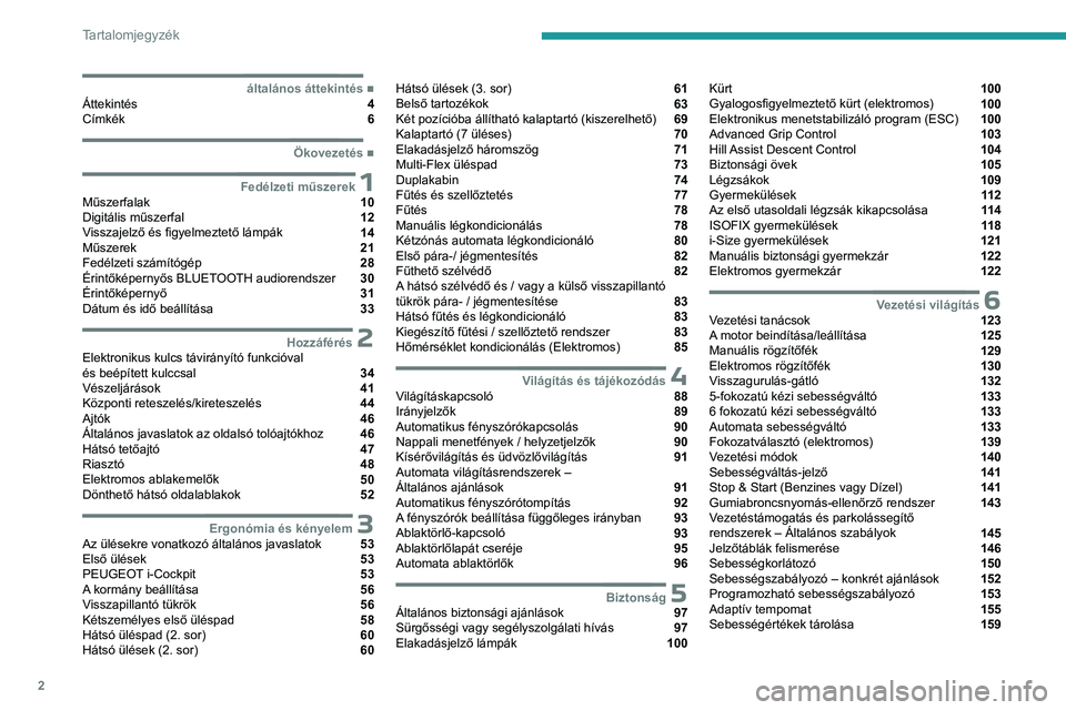 PEUGEOT PARTNER 2022  Kezelési útmutató (in Hungarian) 2
Tartalomjegyzék
  ■
általános áttekintésÁttekintés  4
Címkék  6
  ■
Ökovezetés
 1Fedélzeti műszerekMűszerfalak  10
Digitális műszerfal  12
Visszajelző és figyelmeztető l