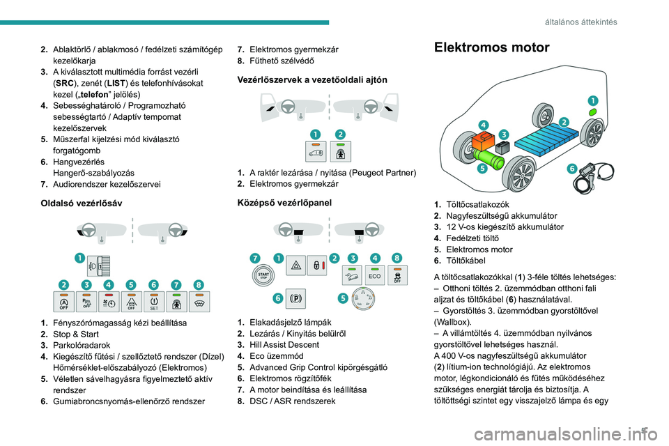 PEUGEOT PARTNER 2022  Kezelési útmutató (in Hungarian) 5
általános áttekintés
2.Ablaktörlő / ablakmosó / fedélzeti számítógép 
kezelőkarja
3. A kiválasztott multimédia forrást vezérli 
(SRC), zenét (LIST) és telefonhívásokat 
kezel (�