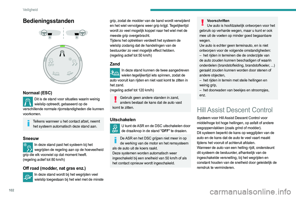 PEUGEOT PARTNER 2022 Instructieboekje (in Dutch) 102
Veiligheid
Bedieningsstanden
Normaal (ESC)
Dit is de stand voor situaties waarin weinig wielslip optreedt, gebaseerd op de
verschillende normale rijomstandigheden die kunnen
voorkomen.
T PEUGEOT PARTNER 2022 Instructieboekje (in Dutch) 102
Veiligheid
Bedieningsstanden
Normaal (ESC)
Dit is de stand voor situaties waarin weinig wielslip optreedt, gebaseerd op de
verschillende normale rijomstandigheden die kunnen
voorkomen.
T