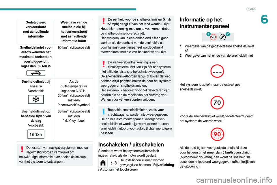 PEUGEOT PARTNER 2022  Instructieboekje (in Dutch) 147
Rijden
6Gedetecteerd verkeersbord 
met aanvullende  informatie Weergave van de 
snelheid die bij 
het verkeersbord  met aanvullende informatie hoort
Snelheidslimiet voor  auto's waarvan het 
m