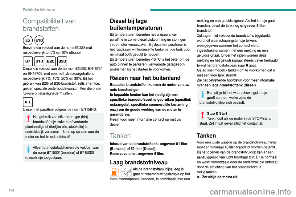 PEUGEOT PARTNER 2022  Instructieboekje (in Dutch) 180
Praktische informatie
Compatibiliteit van 
brandstoffen
  
Benzine die voldoet aan de norm EN228 met 
respectievelijk tot 5% en 10% ethanol.
  
Diesel die voldoet aan de normen EN590, EN16734 
en 