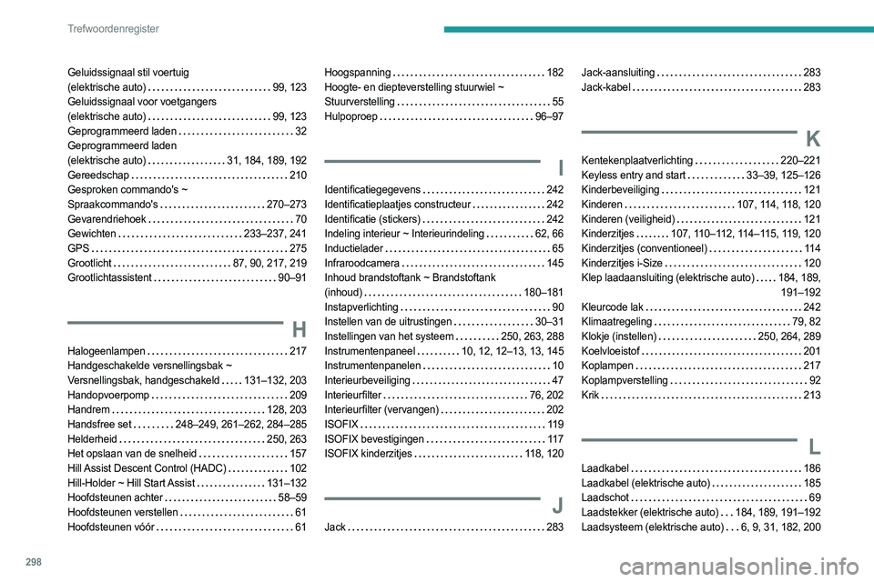 PEUGEOT PARTNER 2022 Instructieboekje (in Dutch) 298
Trefwoordenregister
Geluidssignaal stil voertuig
(elektrische auto)
99, 123
Geluidssignaal voor voetgangers
(elektrische auto)
99, 123
Geprogrammeerd laden
32
Geprogrammeerd la PEUGEOT PARTNER 2022 Instructieboekje (in Dutch) 298
Trefwoordenregister
Geluidssignaal stil voertuig
(elektrische auto)
99, 123
Geluidssignaal voor voetgangers
(elektrische auto)
99, 123
Geprogrammeerd laden
32
Geprogrammeerd la