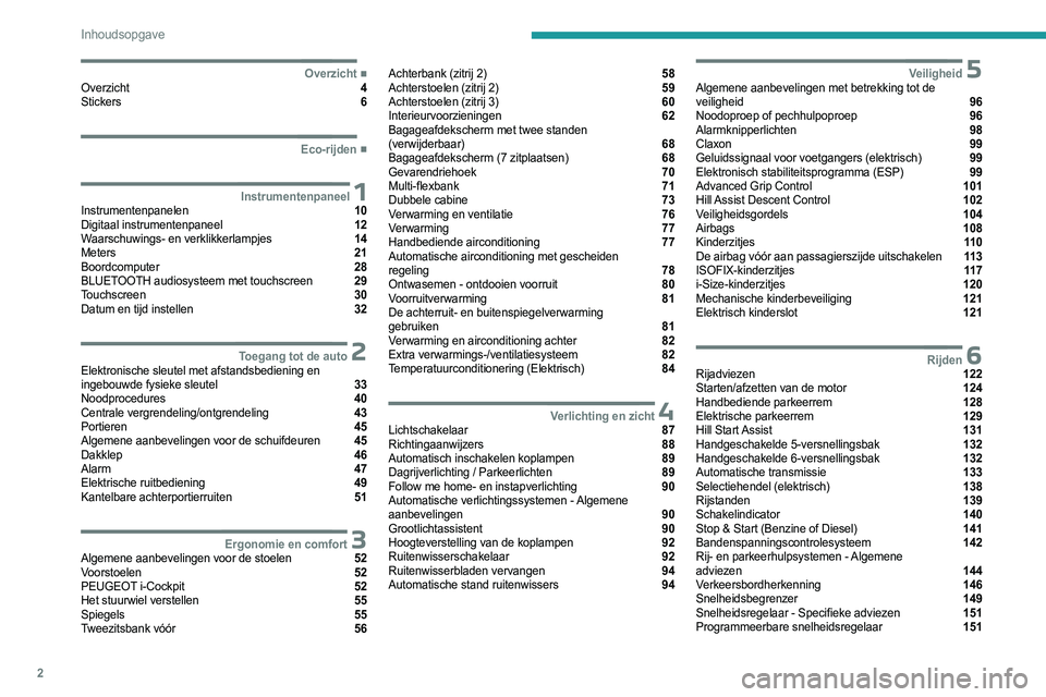 PEUGEOT PARTNER 2022  Instructieboekje (in Dutch) 2
Inhoudsopgave
  ■
OverzichtOverzicht  4
Stickers  6
  ■
Eco-rijden
 1InstrumentenpaneelInstrumentenpanelen  10
Digitaal instrumentenpaneel  12
Waarschuwings- en verklikkerlampjes  14
Meter