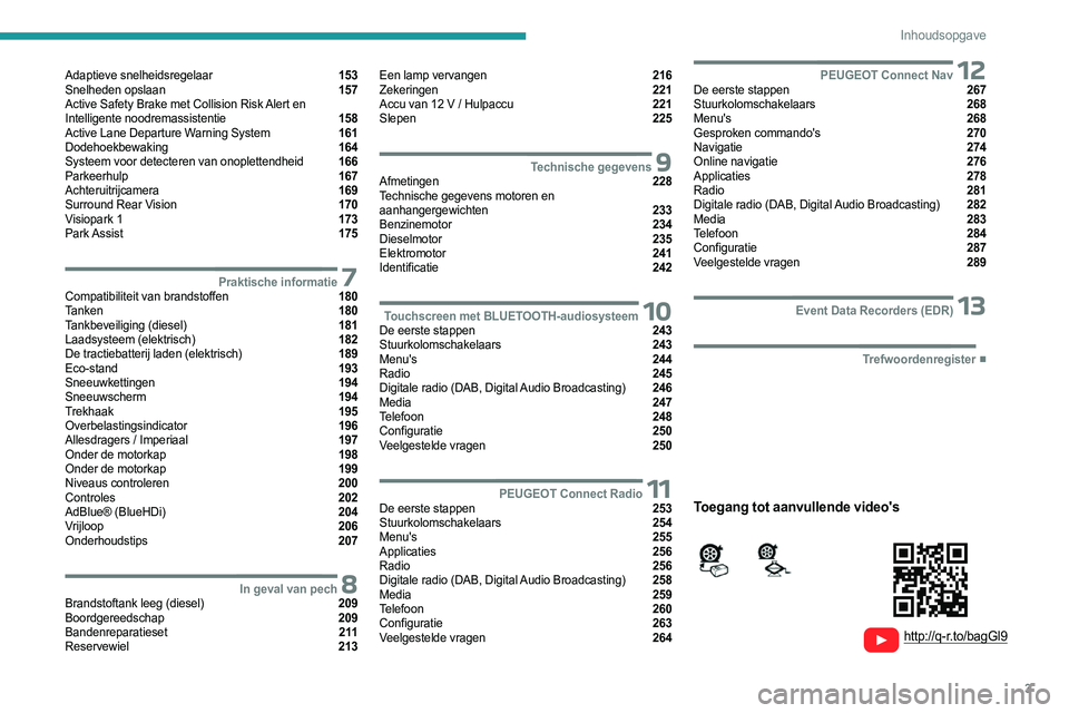 PEUGEOT PARTNER 2022  Instructieboekje (in Dutch) 3
Inhoudsopgave
  
  
 
 
 
 
Adaptieve snelheidsregelaar  153
Snelheden opslaan  157
Active Safety Brake met Collision Risk Alert en 
Intelligente noodremassistentie 
 158
Active Lane Departure Warni