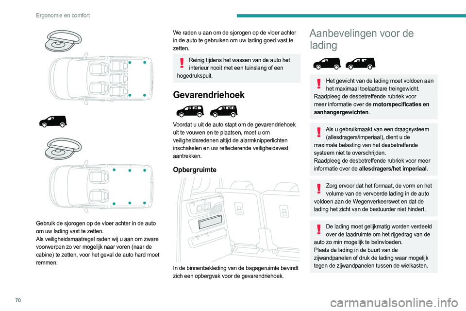 PEUGEOT PARTNER 2022  Instructieboekje (in Dutch) 70
Ergonomie en comfort
 
 
 
 
 
Gebruik de sjorogen op de vloer achter in de auto 
om uw lading vast te zetten.
Als veiligheidsmaatregel raden wij u aan om zware 
voorwerpen zo ver mogelijk naar vor