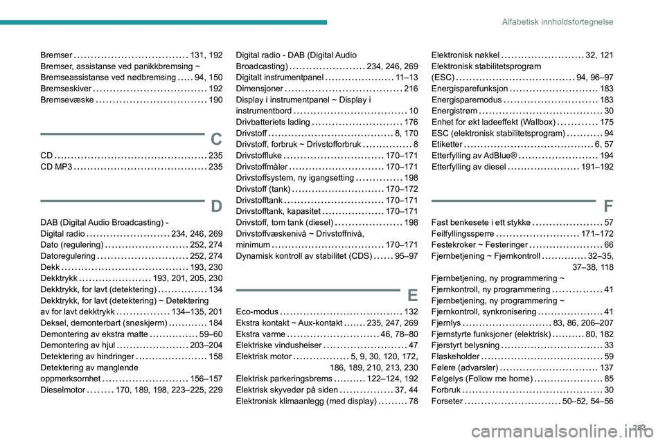 PEUGEOT PARTNER 2022  Instruksjoner for bruk (in Norwegian) 283
Alfabetisk innholdsfortegnelse
Bremser    131, 192
Bremser, assistanse ved panikkbremsing ~ 
Bremseassistanse ved nødbremsing
    
94, 150
Bremseskiver
    
192
Bremsevæske
    
190
C
CD    235
