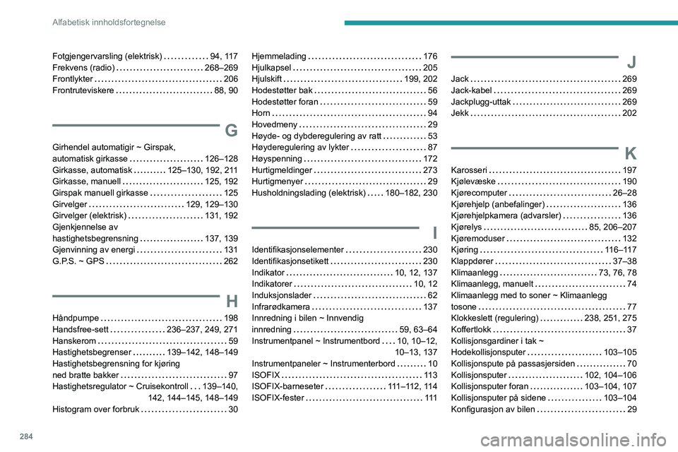 PEUGEOT PARTNER 2022  Instruksjoner for bruk (in Norwegian) 284
Alfabetisk innholdsfortegnelse
Fotgjengervarsling (elektrisk)     94, 117
Frekvens (radio)     
268–269
Frontlykter
    
206
Frontruteviskere
    
88, 90
G
Girhendel automatigir ~ Girspak,  
aut