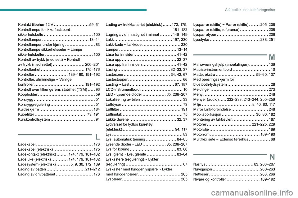 PEUGEOT PARTNER 2022  Instruksjoner for bruk (in Norwegian) 285
Alfabetisk innholdsfortegnelse
Kontakt tilbehør 12 V    59, 61
Kontrollampe for ikke-fastspent  
sikkerhetsbelte
    
100
Kontrollamper
    
13–14
Kontrollamper under kjøring
    
83
Kontrolla