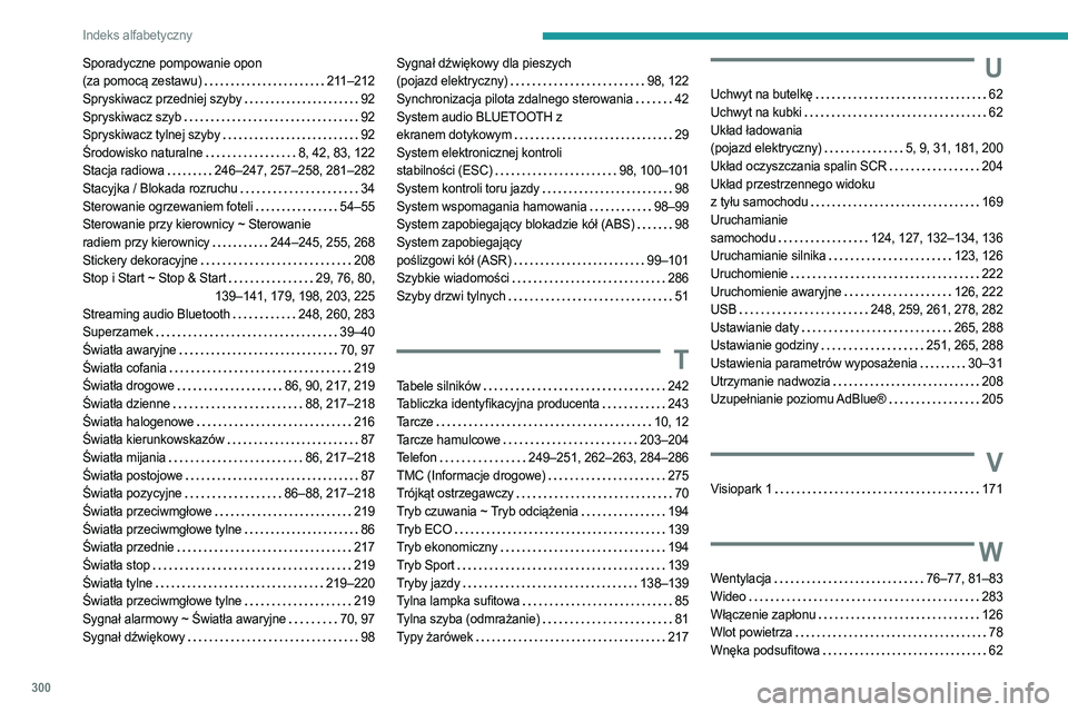 PEUGEOT PARTNER 2022 Instrukcja obsługi (in Polish) 300
Indeks alfabetyczny
Sporadyczne pompowanie opon
(za pomocą zestawu)
211–212
Spryskiwacz przedniej szyby
92
Spryskiwacz szyb
92
Spryskiwacz tylnej szyby
92
Środowisko natura PEUGEOT PARTNER 2022 Instrukcja obsługi (in Polish) 300
Indeks alfabetyczny
Sporadyczne pompowanie opon
(za pomocą zestawu)
211–212
Spryskiwacz przedniej szyby
92
Spryskiwacz szyb
92
Spryskiwacz tylnej szyby
92
Środowisko natura