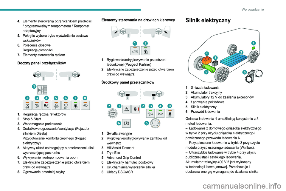 PEUGEOT PARTNER 2022  Instrukcja obsługi (in Polish) 5
Wprowadzenie
4.Elementy sterowania ogranicznikiem prędkości 
/ programowalnym tempomatem / Tempomat 
adaptacyjny
5. Pokrętło wyboru trybu wyświetlania zestawu 
wskaźników
6. Polecenia głosow