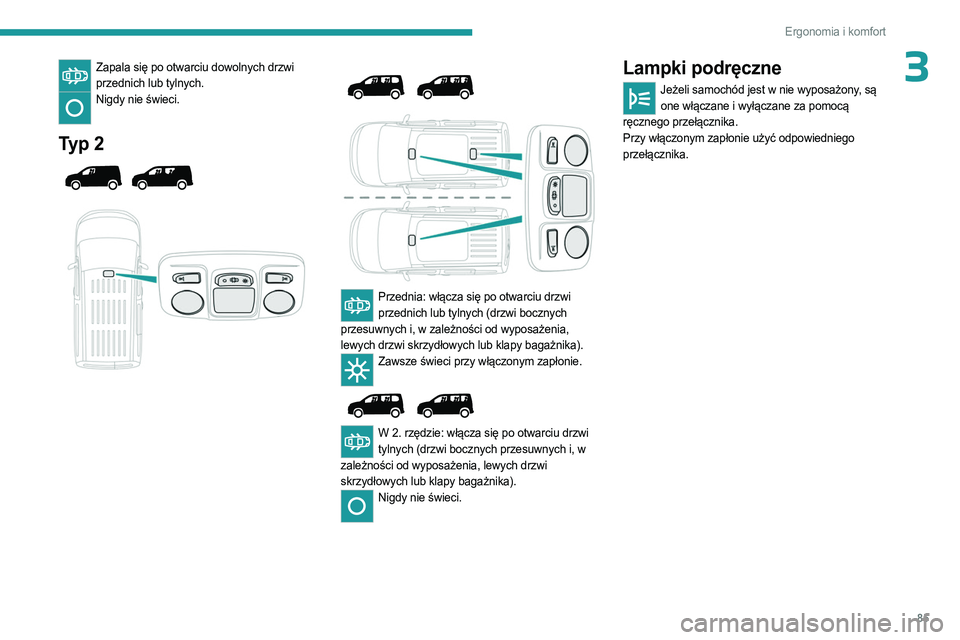 PEUGEOT PARTNER 2022  Instrukcja obsługi (in Polish) 85
Ergonomia i komfort
3Zapala się po otwarciu dowolnych drzwi przednich lub tylnych.
Nigdy nie świeci.  
Typ 2 
 
 
   
 
 
 
Przednia: włącza się po otwarciu drzwi  przednich lub tylnych (drzwi