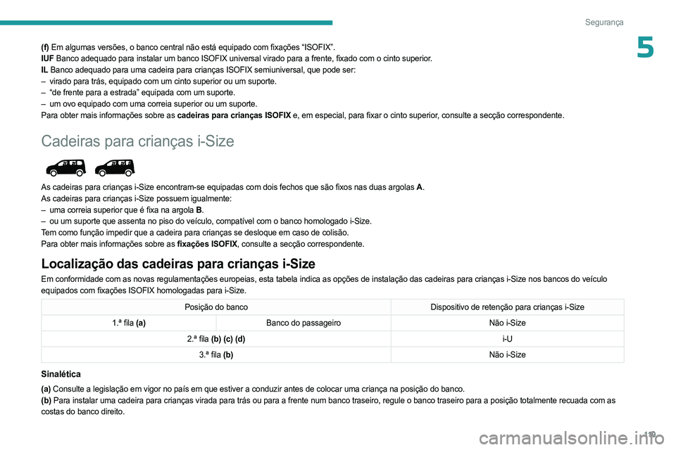 PEUGEOT PARTNER 2022 Manual de utilização (in Portuguese) 11 9
Segurança
5(f) Em algumas versões, o banco central não está equipado com fixações “ISOFIX”.
IUF Banco adequado para instalar um banco ISOFIX universal virado para a frente, fixado com o PEUGEOT PARTNER 2022 Manual de utilização (in Portuguese) 11 9
Segurança
5(f) Em algumas versões, o banco central não está equipado com fixações “ISOFIX”.
IUF Banco adequado para instalar um banco ISOFIX universal virado para a frente, fixado com o