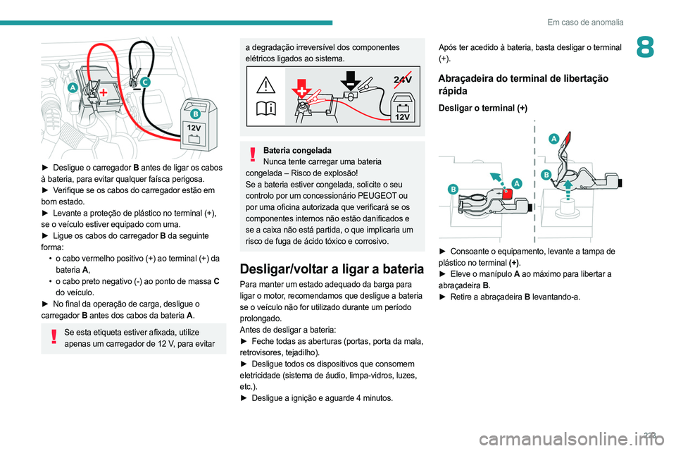 PEUGEOT PARTNER 2022 Manual de utilização (in Portuguese) 223
Em caso de anomalia
8
â–º Desligue o carregador B antes de ligar os cabos
à bateria, para evitar qualquer faÃsca perigosa.
â–º
Verifique se os cabos do carregador estão em
bom estado.
â–º
PEUGEOT PARTNER 2022 Manual de utilização (in Portuguese) 223
Em caso de anomalia
8
â–º Desligue o carregador B antes de ligar os cabos
à bateria, para evitar qualquer faÃsca perigosa.
â–º
Verifique se os cabos do carregador estão em
bom estado.
â–º