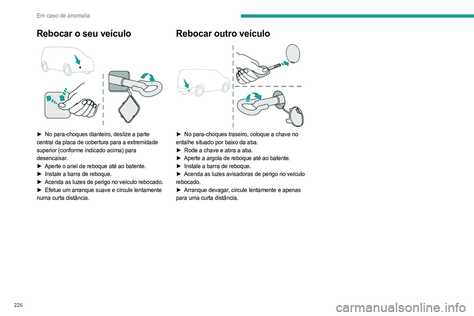 PEUGEOT PARTNER 2022 Manual de utilização (in Portuguese) 226
Em caso de anomalia
Rebocar o seu veÃculo
â–º No para-choques dianteiro, deslize a parte
central da placa de cobertura para a extremidade
superior (conforme indicado acima) para
desencaixar PEUGEOT PARTNER 2022 Manual de utilização (in Portuguese) 226
Em caso de anomalia
Rebocar o seu veÃculo
â–º No para-choques dianteiro, deslize a parte
central da placa de cobertura para a extremidade
superior (conforme indicado acima) para
desencaixar