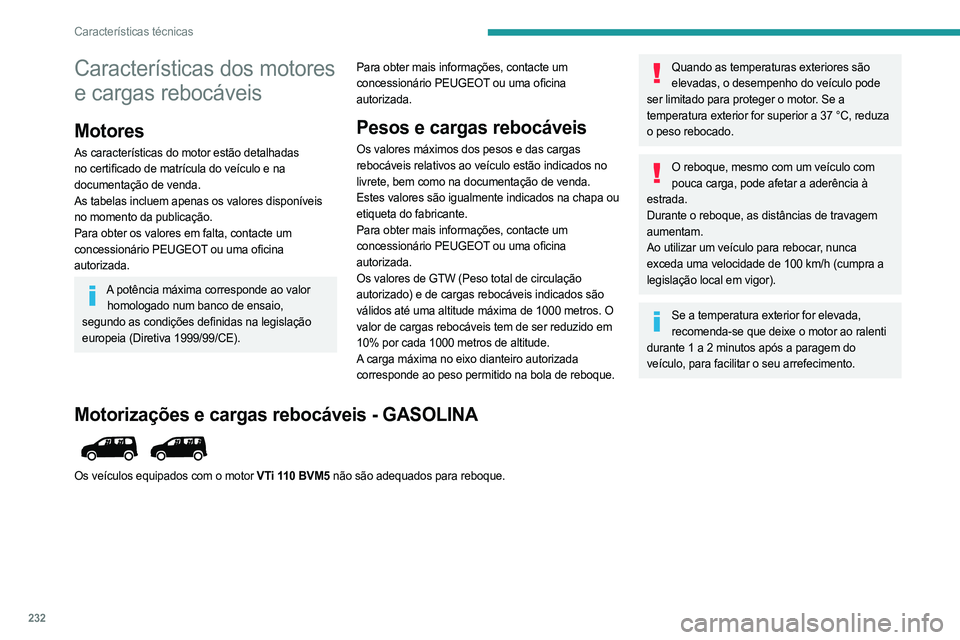 PEUGEOT PARTNER 2022 Manual de utilização (in Portuguese) 232
Características técnicas
Características dos motores
e cargas rebocáveis
Motores
As características do motor estão detalhadas
no certificado de matrícula do veículo e na
documentação PEUGEOT PARTNER 2022 Manual de utilização (in Portuguese) 232
Características técnicas
Características dos motores
e cargas rebocáveis
Motores
As características do motor estão detalhadas
no certificado de matrícula do veículo e na
documentação