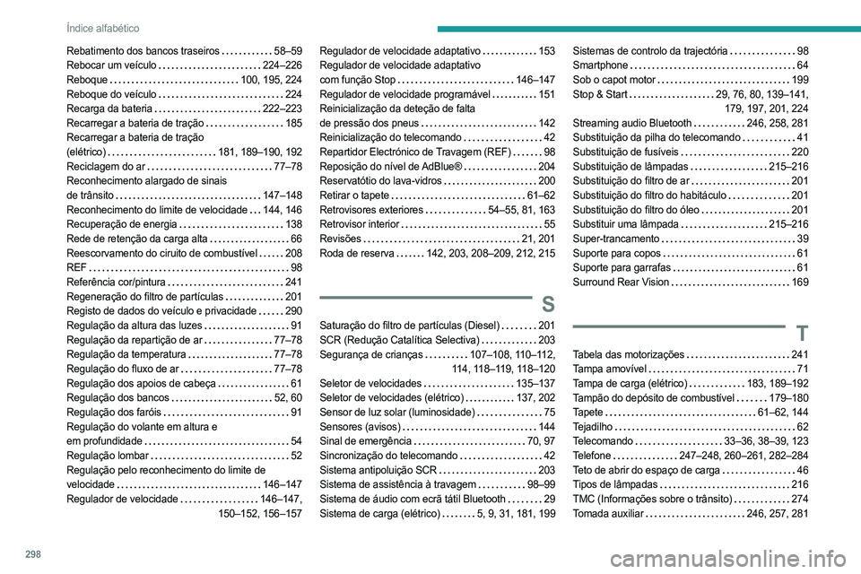 PEUGEOT PARTNER 2022 Manual de utilização (in Portuguese) 298
Índice alfabético
Rebatimento dos bancos traseiros 58–59
Rebocar um veículo
224–226
Reboque
100, 195, 224
Reboque do veículo
224
Recarga da bateria
222–223
Recarre PEUGEOT PARTNER 2022 Manual de utilização (in Portuguese) 298
Índice alfabético
Rebatimento dos bancos traseiros 58–59
Rebocar um veículo
224–226
Reboque
100, 195, 224
Reboque do veículo
224
Recarga da bateria
222–223
Recarre