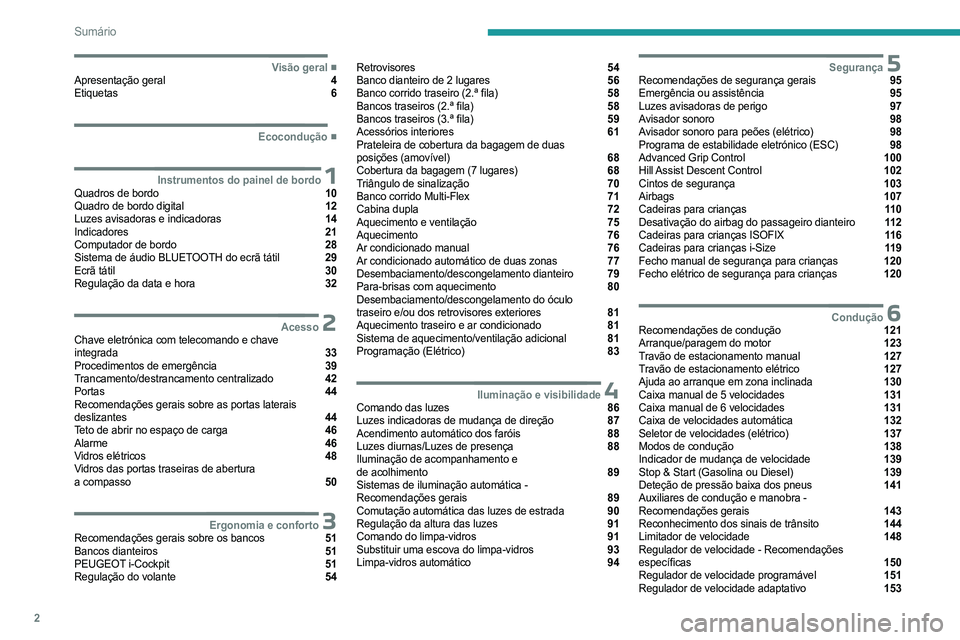 PEUGEOT PARTNER 2022  Manual de utilização (in Portuguese) 2
Sumário
  ■
Visão geralApresentação geral  4
Etiquetas  6
  ■
Ecocondução
 1Instrumentos do painel de bordoQuadros de bordo  10
Quadro de bordo digital  12
Luzes avisadoras e indicad