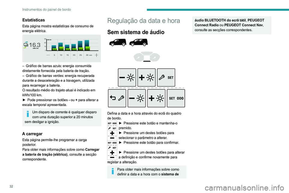 PEUGEOT PARTNER 2022 Manual de utilização (in Portuguese) 32
Instrumentos do painel de bordo
Estatísticas
Esta página mostra estatísticas de consumo de
energia elétrica.
– Gráfico de barras azuis: energia consumida
diretamente fornecida pela bat PEUGEOT PARTNER 2022 Manual de utilização (in Portuguese) 32
Instrumentos do painel de bordo
Estatísticas
Esta página mostra estatísticas de consumo de
energia elétrica.
– Gráfico de barras azuis: energia consumida
diretamente fornecida pela bat