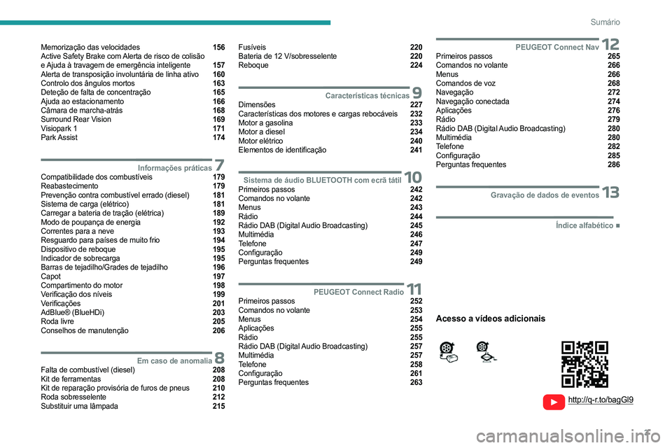 PEUGEOT PARTNER 2022  Manual de utilização (in Portuguese) 3
Sumário
  
  
 
 
 
 
Memorização das velocidades  156
Active Safety Brake com Alerta de risco de colisão   
e Ajuda à travagem de emergência inteligente 
 157
Alerta de transposição involun