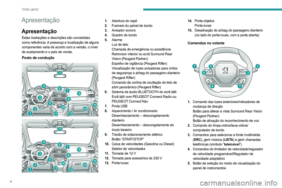 PEUGEOT PARTNER 2022  Manual de utilização (in Portuguese) 4
Visão geral
Apresentação
Apresentação
Estas ilustrações e descrições são concebidas 
como referência. A presença e localização de alguns 
componentes varia de acordo com a versão, o n