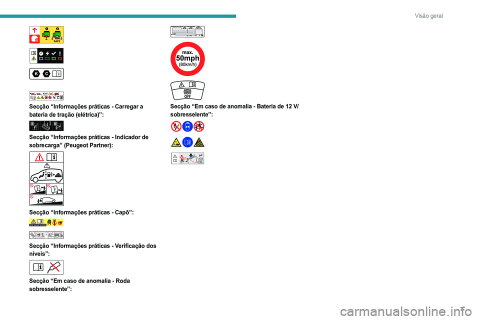 PEUGEOT PARTNER 2022 Manual de utilização (in Portuguese) 7
Visão geral
Secção “Informações práticas - Carregar a
bateria de tração (elétrica)”:
Secção “Informações práticas - Indicador de
sobrecarga” (Peugeot Partne PEUGEOT PARTNER 2022 Manual de utilização (in Portuguese) 7
Visão geral
Secção “Informações práticas - Carregar a
bateria de tração (elétrica)”:
Secção “Informações práticas - Indicador de
sobrecarga” (Peugeot Partne