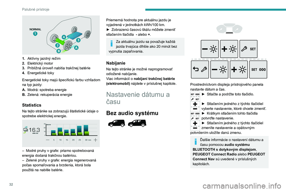 PEUGEOT PARTNER 2022 Návod na použitie (in Slovakian) 32
Palubné prístroje
1.Aktívny jazdný režim
2. Elektrický motor
3. Približná úroveň nabitia trakčnej batérie
4. Energetické toky
Energetické toky majú špecifickú farbu vzhľadom
na PEUGEOT PARTNER 2022 Návod na použitie (in Slovakian) 32
Palubné prístroje
1.Aktívny jazdný režim
2. Elektrický motor
3. Približná úroveň nabitia trakčnej batérie
4. Energetické toky
Energetické toky majú špecifickú farbu vzhľadom
na