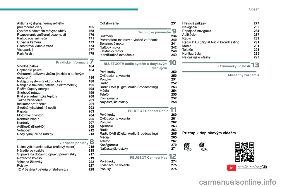 PEUGEOT PARTNER 2022  Návod na použitie (in Slovakian) 3
Obsah
  
  
 
 
 
 
Aktívna výstraha neúmyselného  
prekročenia čiary  165
Systém sledovania mŕtvych uhlov  168
Rozpoznanie zníženej pozornosti  170
Parkovacie snímače  171
Cúvacia kame