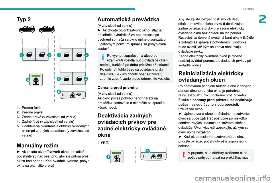 PEUGEOT PARTNER 2022  Návod na použitie (in Slovakian) 51
Prístup
2Typ 2 
 
1.Predné ľavé
2. Predné pravé
3. Zadné pravé (v závislosti od verzie)
4. Zadné ľavé (v závislosti od verzie)
5. Deaktivácia ovládania elektricky ovládaných 
okien