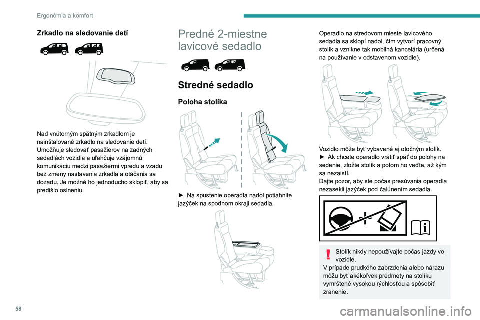 PEUGEOT PARTNER 2022  Návod na použitie (in Slovakian) 58
Ergonómia a komfort
Zrkadlo na sledovanie detí 
 
 
 
Nad vnútorným spätným zrkadlom je 
nainštalované zrkadlo na sledovanie detí. 
Umožňuje sledovať pasažierov na zadných 
sedadlách