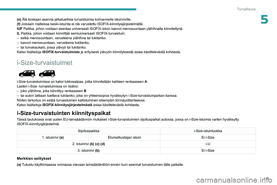 PEUGEOT PARTNER 2022 Omistajan Käsikirja (in Finnish) 11 5
Turvallisuus
5(e) Älä koskaan asenna jalkatuellisia turvaistuimia kolmannelle istui\
nriville.
(f) Joissain malleissa keski-istuinta ei ole varustettu ISOFIX-kiinnitysjä\
rjestelmällä.
IUF P PEUGEOT PARTNER 2022 Omistajan Käsikirja (in Finnish) 11 5
Turvallisuus
5(e) Älä koskaan asenna jalkatuellisia turvaistuimia kolmannelle istui\
nriville.
(f) Joissain malleissa keski-istuinta ei ole varustettu ISOFIX-kiinnitysjä\
rjestelmällä.
IUF P