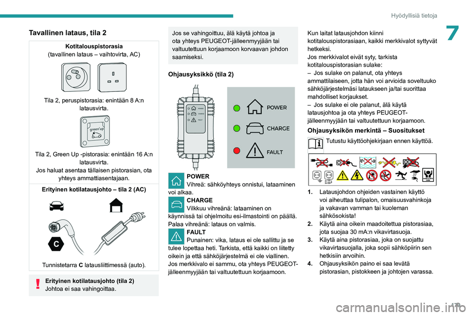 PEUGEOT PARTNER 2022 Omistajan Käsikirja (in Finnish) 179
Hyödyllisiä tietoja
7Tavallinen lataus, tila 2
Kotitalouspistorasia
(tavallinen lataus – vaihtovirta, AC)
Tila 2, peruspistorasia: enintään 8 A:n latausvirta.
Tila 2, Green Up -pist PEUGEOT PARTNER 2022 Omistajan Käsikirja (in Finnish) 179
Hyödyllisiä tietoja
7Tavallinen lataus, tila 2
Kotitalouspistorasia
(tavallinen lataus – vaihtovirta, AC)
Tila 2, peruspistorasia: enintään 8 A:n latausvirta.
Tila 2, Green Up -pist
