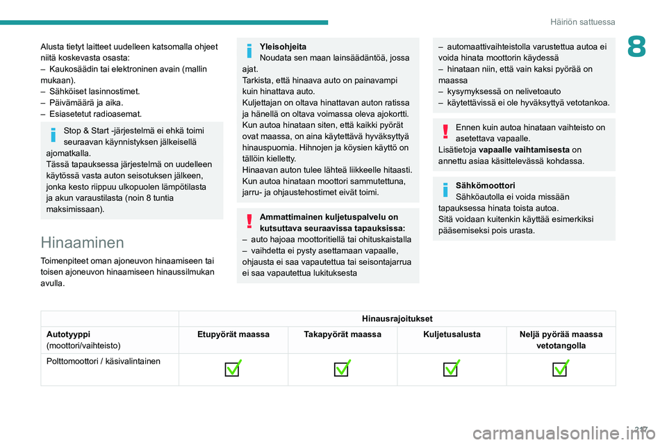 PEUGEOT PARTNER 2022 Omistajan Käsikirja (in Finnish) 217
Häiriön sattuessa
8Alusta tietyt laitteet uudelleen katsomalla ohjeet
niitä koskevasta osasta:
–
Kaukosäädin tai elektroninen avain (mallin
mukaan).
–
Sähköiset lasinnostimet.
– PEUGEOT PARTNER 2022 Omistajan Käsikirja (in Finnish) 217
Häiriön sattuessa
8Alusta tietyt laitteet uudelleen katsomalla ohjeet
niitä koskevasta osasta:
–
Kaukosäädin tai elektroninen avain (mallin
mukaan).
–
Sähköiset lasinnostimet.
–