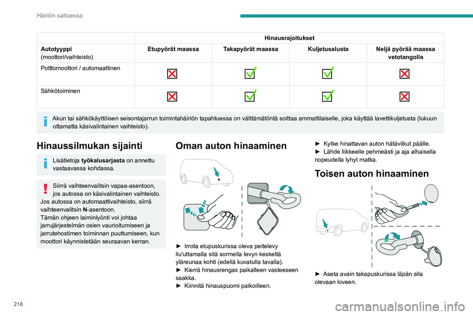 PEUGEOT PARTNER 2022 Omistajan Käsikirja (in Finnish) 218
Häiriön sattuessa
Hinausrajoitukset
Autotyyppi
(moottori/vaihteisto) Etupyörät maassa Takapyörät maassa Kuljetusalusta Neljä pyörää maassa
vetotangolla
Polttomoottori / automaattinen
PEUGEOT PARTNER 2022 Omistajan Käsikirja (in Finnish) 218
Häiriön sattuessa
Hinausrajoitukset
Autotyyppi
(moottori/vaihteisto) Etupyörät maassa Takapyörät maassa Kuljetusalusta Neljä pyörää maassa
vetotangolla
Polttomoottori / automaattinen