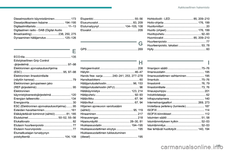 PEUGEOT PARTNER 2022 Omistajan Käsikirja (in Finnish) 289
Aakkosellinen hakemisto
Dieselmoottorin käynnistäminen 173
Dieselpolttoaineen lisäaine
194–195
Digitaalimittaristo
11–13
Digitaalinen radio - DAB (Digital Audio
Broadcasting) PEUGEOT PARTNER 2022 Omistajan Käsikirja (in Finnish) 289
Aakkosellinen hakemisto
Dieselmoottorin käynnistäminen 173
Dieselpolttoaineen lisäaine
194–195
Digitaalimittaristo
11–13
Digitaalinen radio - DAB (Digital Audio
Broadcasting)