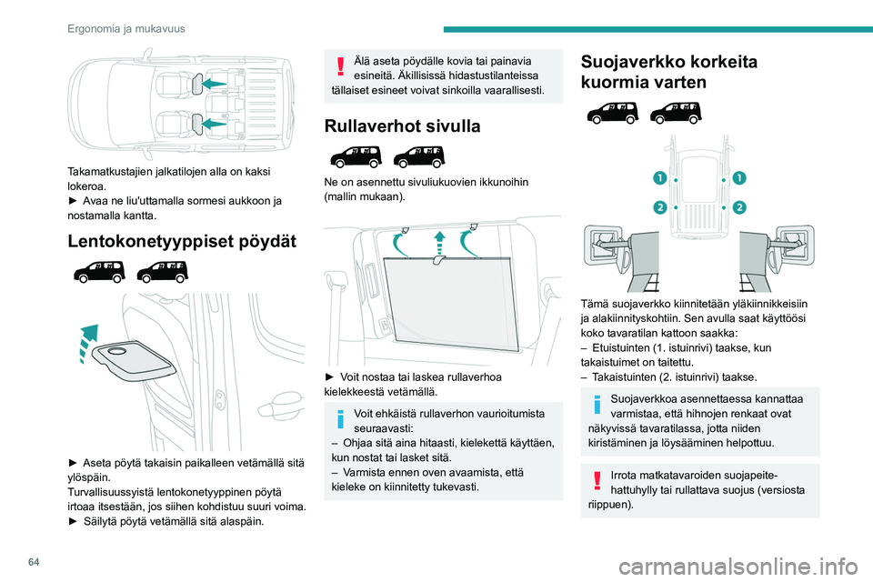 PEUGEOT PARTNER 2022 Omistajan Käsikirja (in Finnish) 64
Ergonomia ja mukavuus
Takamatkustajien jalkatilojen alla on kaksi
lokeroa.
►  Avaa  ne   liu'uttamalla   sormesi   aukkoon   ja  
nostamalla kantta.
Lentokonetyyppiset pöydà PEUGEOT PARTNER 2022 Omistajan Käsikirja (in Finnish) 64
Ergonomia ja mukavuus
Takamatkustajien jalkatilojen alla on kaksi
lokeroa.
►  Avaa  ne   liu'uttamalla   sormesi   aukkoon   ja  
nostamalla kantta.
Lentokonetyyppiset pöydÃ