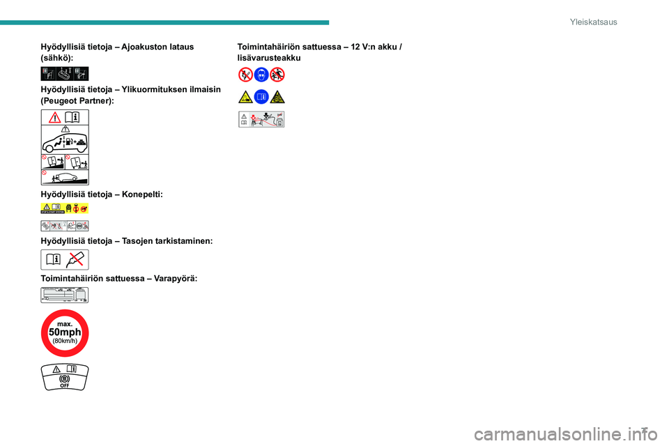 PEUGEOT PARTNER 2022  Omistajan Käsikirja (in Finnish) 7
Yleiskatsaus
Hyödyllisiä tietoja – Ajoakuston lataus 
(sähkö):
 
 
Hyödyllisiä tietoja – Ylikuormituksen ilmaisin 
(Peugeot Partner):
 
 
Hyödyllisiä tietoja – Konepelti:  
 
 
Hyödyl