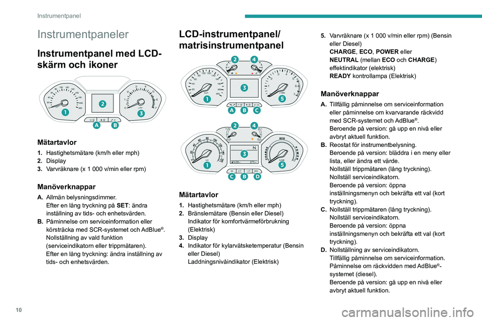 PEUGEOT PARTNER 2022  Bruksanvisningar (in Swedish) 10
Instrumentpanel
Instrumentpaneler
Instrumentpanel med LCD-
skärm och ikoner
 
 
Mätartavlor
1.Hastighetsmätare (km/h eller mph)
2. Display
3. Varvräknare (x 1 000 v/min eller rpm)
Manöverknapp