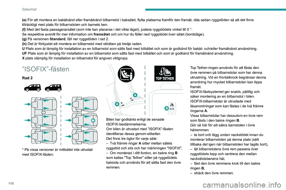 PEUGEOT PARTNER 2022 Bruksanvisningar (in Swedish) 11 0
Säkerhet
(e) För att montera en bakåtvänd eller framåtvänd bilbarnstol i baksätet, flytta platserna framför den framåt, räta sedan ryggstöden så att det finns
tillräckligt med plats PEUGEOT PARTNER 2022 Bruksanvisningar (in Swedish) 11 0
Säkerhet
(e) För att montera en bakåtvänd eller framåtvänd bilbarnstol i baksätet, flytta platserna framför den framåt, räta sedan ryggstöden så att det finns
tillräckligt med plats