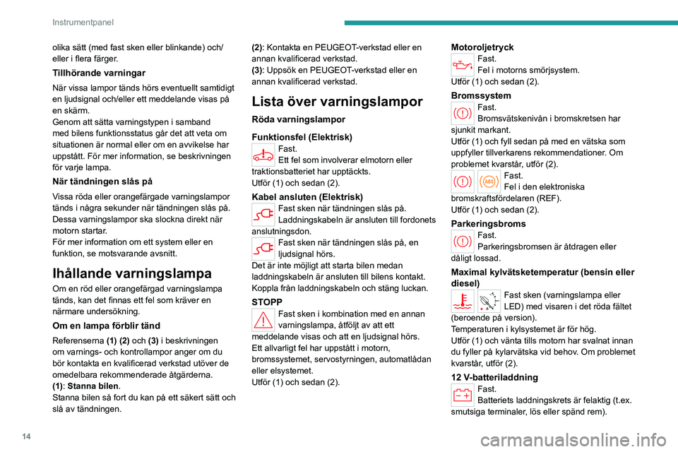 PEUGEOT PARTNER 2022  Bruksanvisningar (in Swedish) 14
Instrumentpanel
olika sätt (med fast sken eller blinkande) och/
eller i flera färger.
Tillhörande varningar
När vissa lampor tänds hörs eventuellt samtidigt 
en ljudsignal och/eller ett medde