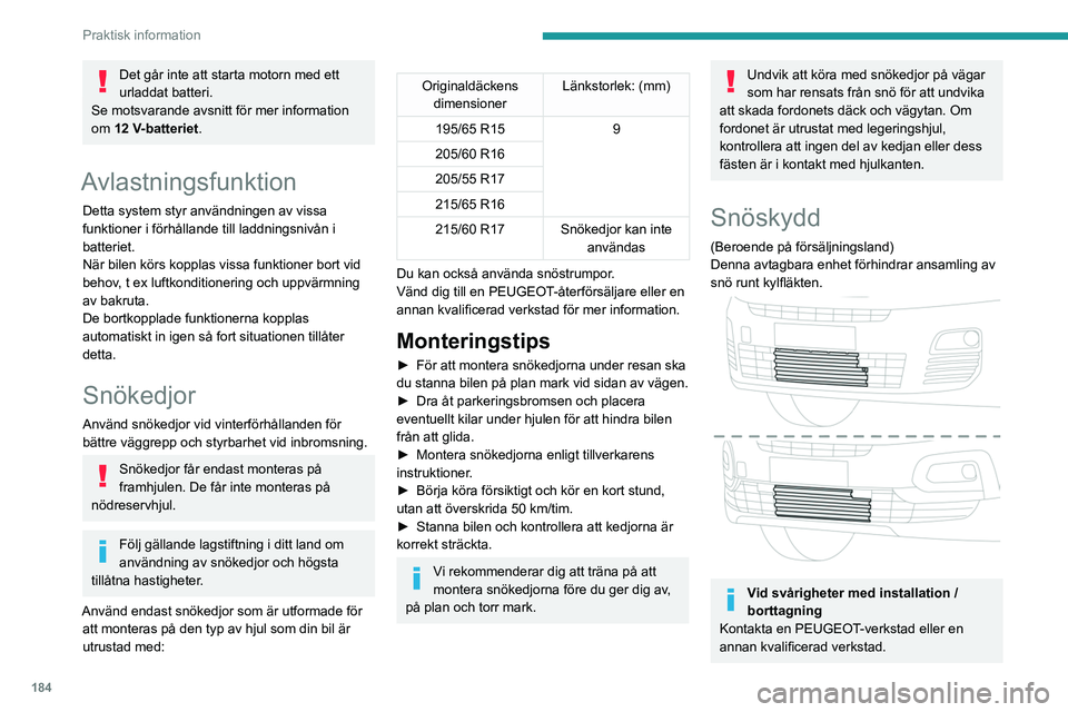 PEUGEOT PARTNER 2022 Bruksanvisningar (in Swedish) 184
Praktisk information
Det går inte att starta motorn med ett
urladdat batteri.
Se motsvarande avsnitt för mer information
om 12
V-batteriet.
Avlastningsfunktion
Detta system styr användninge PEUGEOT PARTNER 2022 Bruksanvisningar (in Swedish) 184
Praktisk information
Det går inte att starta motorn med ett
urladdat batteri.
Se motsvarande avsnitt för mer information
om 12
V-batteriet.
Avlastningsfunktion
Detta system styr användninge