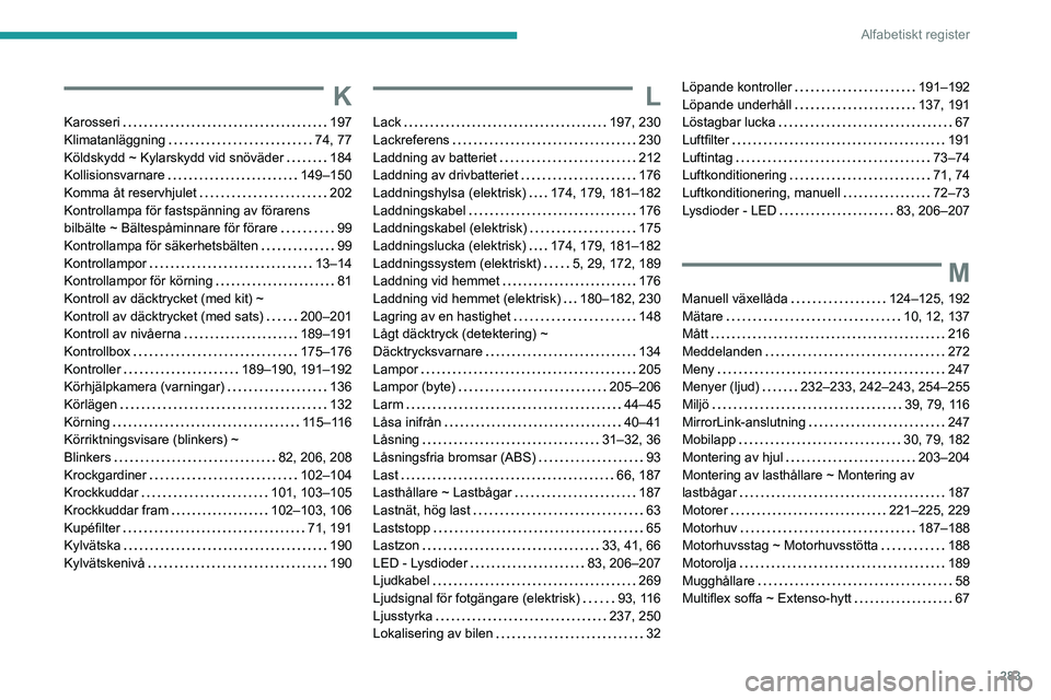 PEUGEOT PARTNER 2022  Bruksanvisningar (in Swedish) 283
Alfabetiskt register
K
Karosseri    197
Klimatanläggning     
74, 77
Köldskydd ~ Kylarskydd vid snöväder
    
184
Kollisionsvarnare
    
149–150
Komma åt reservhjulet
    
202
Kontrollampa 