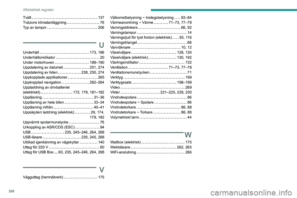 PEUGEOT PARTNER 2022 Bruksanvisningar (in Swedish) 286
Alfabetiskt register
Tvätt 137
Tvåzons klimatanläggning
76
Typ av lampor
206
U
Underhåll 173, 196
Underhållsindikator
20
Under motorhuven
189–190
Uppdatering av PEUGEOT PARTNER 2022 Bruksanvisningar (in Swedish) 286
Alfabetiskt register
Tvätt 137
Tvåzons klimatanläggning
76
Typ av lampor
206
U
Underhåll 173, 196
Underhållsindikator
20
Under motorhuven
189–190
Uppdatering av