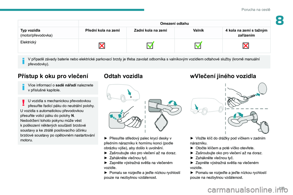 PEUGEOT PARTNER 2022 Návod na použití (in Czech) 223
Porucha na cestě
8Omezení odtahu
Typ vozidla
(motor/převodovka) Přední kola na zemi
Zadní kola na zemi Valník4 kola na zemi s
tažným
zařízením
Elektrický
V případě z PEUGEOT PARTNER 2022 Návod na použití (in Czech) 223
Porucha na cestě
8Omezení odtahu
Typ vozidla
(motor/převodovka) Přední kola na zemi
Zadní kola na zemi Valník4 kola na zemi s
tažným
zařízením
Elektrický
V případě z