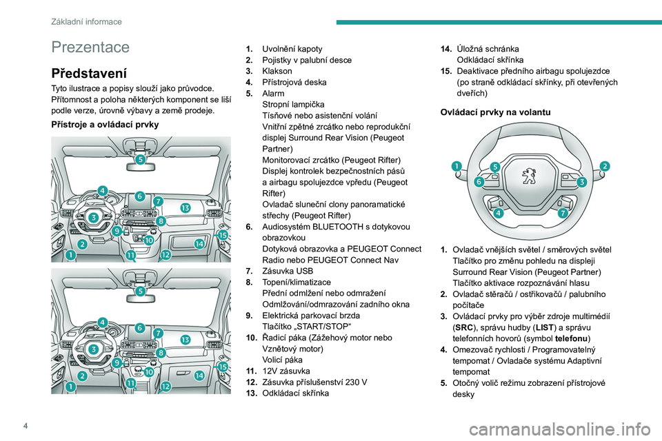 PEUGEOT PARTNER 2022  Návod na použití (in Czech) 4
Základní informace
Prezentace
Představení
Tyto ilustrace a popisy slouží jako průvodce. 
Přítomnost a poloha některých komponent se liší 
podle verze, úrovně výbavy a země prodeje.
