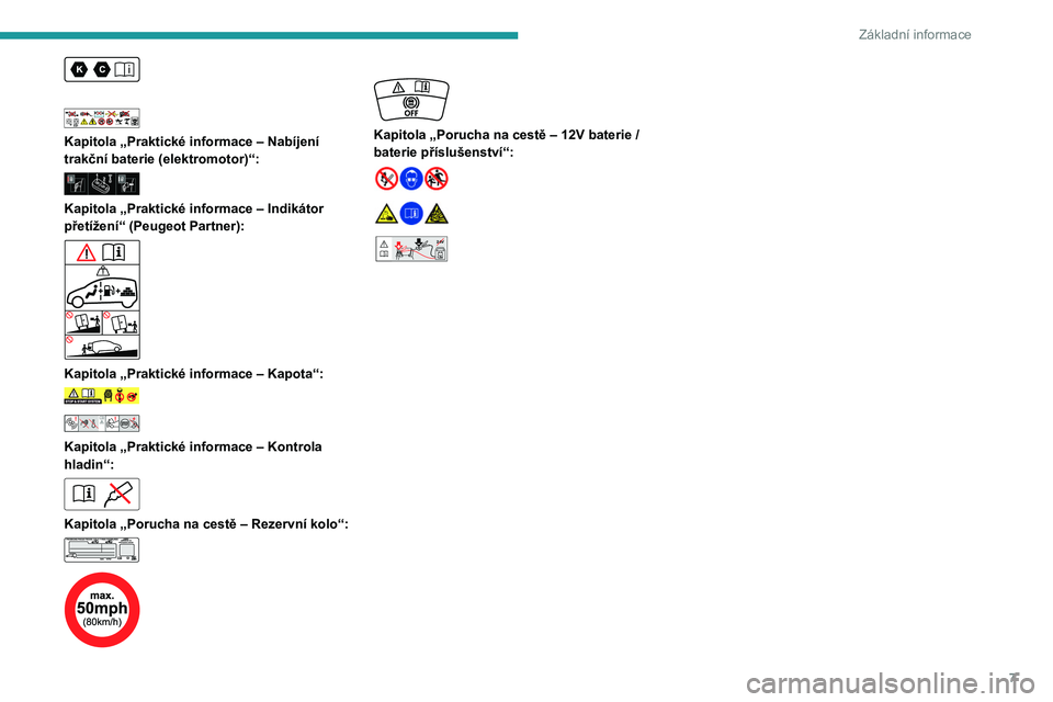 PEUGEOT PARTNER 2022  Návod na použití (in Czech) 7
Základní informace
 
 
 
Kapitola „Praktické informace – Nabíjení 
trakční baterie (elektromotor)“:
 
 
Kapitola „Praktické informace – Indikátor 
přetížení“ (Peugeot Partne